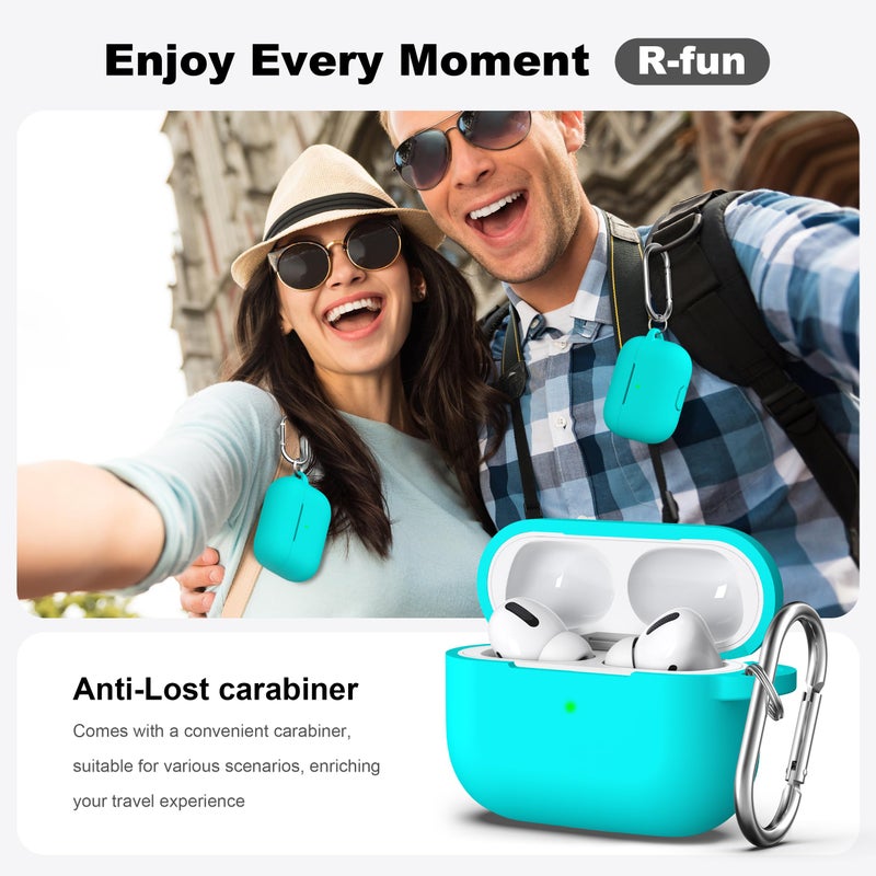 R-fun AirPods Pro Case Cover with Keychain, Full Protective Silicone Skin Accessories for Women Men Girl Adult with Apple 2019 Latest AirPods Pro Case, Front LED Visible-Teal - Image 2